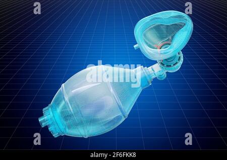 Visualisierung 3d-cad-Modell der Beutelventilmaske, Blaupause. 3D-Rendering Stockfoto