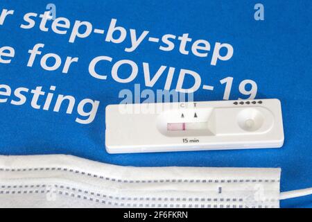 Coronavirus-Heimtests. Selbsttest-Kit und Anleitung für zu Hause testen Covid-19, Coronavirus, Gesundheit, Geschäft, zu Hause bleiben Konzept Stockfoto