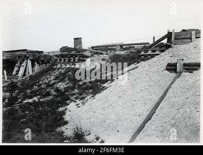 Wiederaufbau des Viadukts über die Malmö Ystads Eisenbahn, auf der Strecke zwischen Malmö und Trelleborg. Provisorische Viaduktfüllungen und Abhänge, der südliche Teil Stockfoto