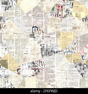Zeitung Papier Grunge Zeitungspapier Patchwork nahtlose Muster Hintergrund. Trendige imitierte, genähte Zeitungsstücke im Patchwork-Stil. Bunte Kunst Co Stockfoto