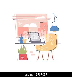 Stilvoller Arbeitsplatz mit weißen Illustrationen Stockfoto