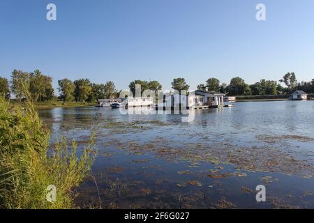 Schwimmende Häuser auf Horseshoe Pond im Presque Isle State Park Auf der Pennisula am Eriesee Stockfoto