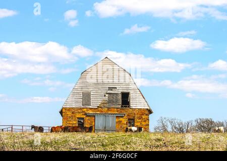 Grungy alten Stein Scheune von Vieh in Feld mit umgeben Ziemlich blauer Himmel mit flauschigen Wolken Stockfoto