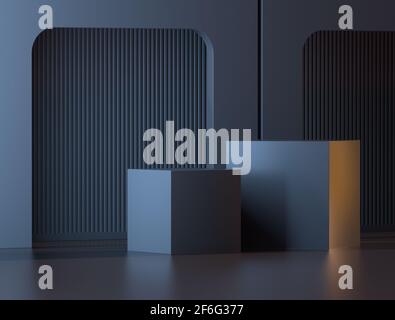 Hier ist die Präsentation von 3D Render. Dunkle Bühnenszene mit zwei Würfeln im Raum mit Zylinderwand. Abstraktes Display formt den Hintergrund und ist zwei Meilen entfernt Stockfoto