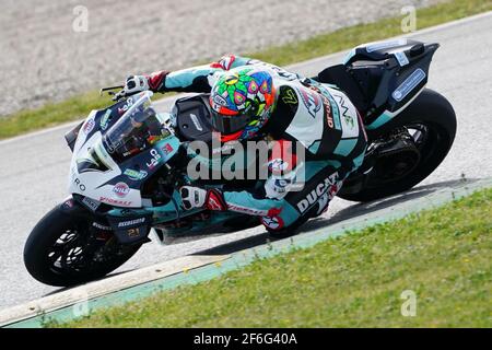 Barcelona, Spanien. März 2021, 31st. World Superbike Testing auf dem Circuit Barcelona-Catalunya; Chaz Davies (GBR) auf Ducati Panigale V4R für Team Goelven Credit: Action Plus Sports/Alamy Live News Stockfoto