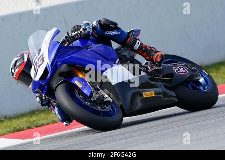 Barcelona, Spanien. März 2021, 31st. World Superbike Testing auf dem Circuit Barcelona-Catalunya; Christophe Ponsson (FRA) fährt Yamaha YZF R1 für Alstare Yamaha Credit: Action Plus Sports/Alamy Live News Stockfoto