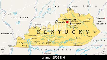Kentucky, KY, politische Karte mit der Hauptstadt Frankfort und den größten Städten. Commonwealth of Kentucky. Staat in der südöstlichen Region der Vereinigten Staaten Stockfoto
