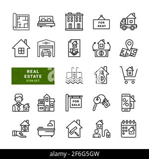 Real Estate Related Simple Vector Line Icons. Enthalten die Symbole wie Karte, Immobilien, Schlafzimmer, Eigentum, Bereich, Hypothek und mehr. Vektorgrafik. Stock Vektor