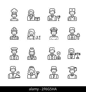 Einfaches Set von Beruf, Berufe, Arbeiter Symbol Verwandte Vektor-Linie Symbole. Enthält Ikonen wie Polizist, Arzt, Koch, Journalist. Stock Vektor