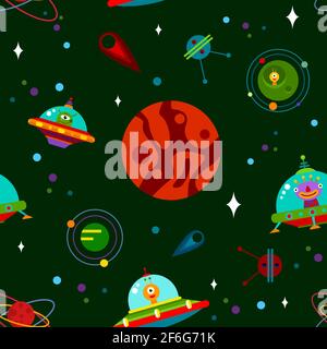 Vektor nahtlose Muster mit Raketen, Planeten, Sterne, Kometen und UFO. Vektorgrafik. Stock Vektor