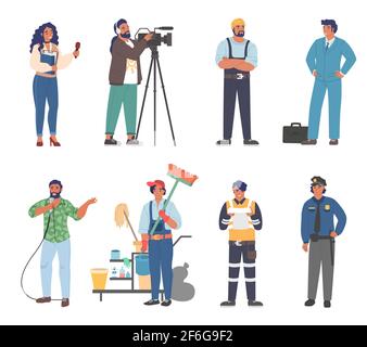 Menschen in verschiedenen Berufen und Berufen, Arbeiter in Uniform, Zeichentrickfilm-Zeichensatz, flache Vektor-Illustration. Stock Vektor