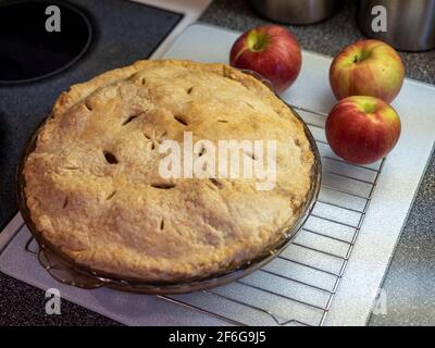 Frisch gebackener Apfelkuchen zum Thanksgiving Dinner: Ein Kuchen, frisch aus dem Ofen in einem Glasplatte, kühlt auf einem Gestell ab. Drei courtland Äpfel sind im Hintergrund. Stockfoto