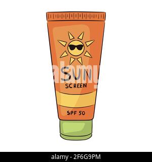 Vektorsymbol Sonnenschutzröhre orange, gelb und grün. Flaches Design Cartoon-Stil bunte Rohr von Sonnencreme. Sonnenschutzfaktor SPF. Sonnencreme mit uv-Schutz..Vektorgrafik isoliert auf weißem Hintergrund Stock Vektor