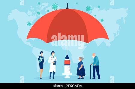 Impfkonzept. Vektor einer Regenschirmförmigen Spritze mit Impfstoff für COVID-19 und ältere Menschen warten in der Schlange, um einen Impfstoff zu erhalten Stock Vektor