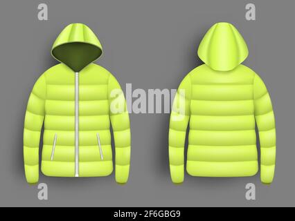 Mockup-Set mit gelber Kugeljacke, Vektor-isolierte Abbildung. Realistische moderne Daunenjacke mit Kapuze, Vorder- und Rückansicht. Stock Vektor