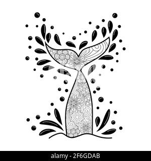 Schöne Meerjungfrau im zentangle Stil, gemusterte Meerjungfrau Schwanz, Anti Stress Malbuch für Erwachsene Stock Vektor