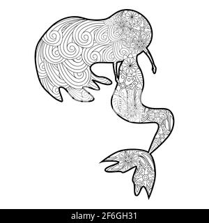 Schöne Meerjungfrau im zentangle Stil, gemusterte Meerjungfrau Schwanz, Anti Stress Malbuch für Erwachsene Stock Vektor