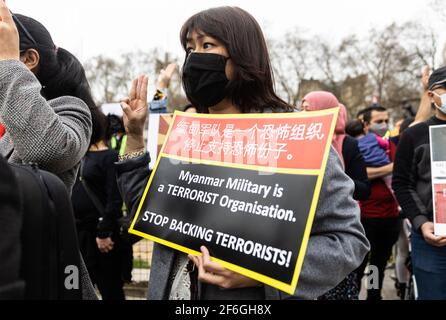 London, Großbritannien. März 2021, 31st. LONDON, GROSSBRITANNIEN. MÄRZ 31st: Am Mittwoch, den 31st. März 2021 findet auf dem Parliament Square in London ein Protest gegen den Militärputsch in Myanmar statt (Quelle: Tejas Sandhu) Quelle: MI News & Sport /Alamy Live News Stockfoto