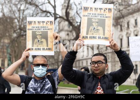 London, Großbritannien. März 2021, 31st. LONDON, GROSSBRITANNIEN. MÄRZ 31st: Am Mittwoch, den 31st. März 2021 findet auf dem Parliament Square in London ein Protest gegen den Militärputsch in Myanmar statt (Quelle: Tejas Sandhu) Quelle: MI News & Sport /Alamy Live News Stockfoto