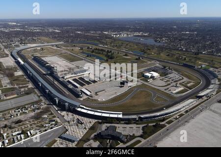 Eine Luftaufnahme des Indianapolis Motor Speedway, Samstag, 20 2021. März, in Speedway, Ind. Es ist die Heimat des Indianapolis 500 und der Brickyard Stockfoto