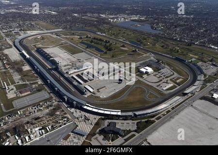 Eine Luftaufnahme des Indianapolis Motor Speedway, Samstag, 20 2021. März, in Speedway, Ind. Es ist die Heimat des Indianapolis 500 und der Brickyard Stockfoto