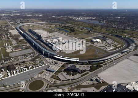 Eine Luftaufnahme des Indianapolis Motor Speedway, Samstag, 20 2021. März, in Speedway, Ind. Es ist die Heimat des Indianapolis 500 und der Brickyard Stockfoto