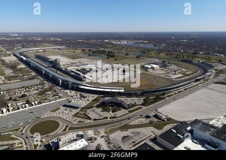 Eine Luftaufnahme des Indianapolis Motor Speedway, Samstag, 20 2021. März, in Speedway, Ind. Es ist die Heimat des Indianapolis 500 und der Brickyard Stockfoto