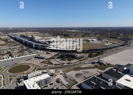 Eine Luftaufnahme des Indianapolis Motor Speedway, Samstag, 20 2021. März, in Speedway, Ind. Es ist die Heimat des Indianapolis 500 und der Brickyard Stockfoto