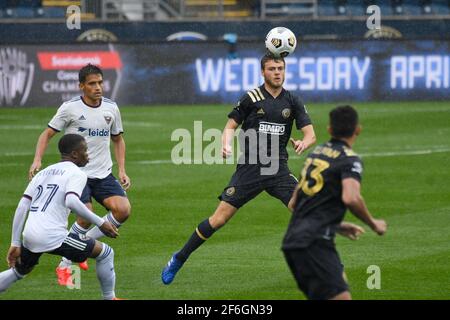 Chester, Pennsylvania, USA. März 2021, 31st. 31. März 2021 USA Chester Pa Philadelphia Union-Spieler, COLE TURNER, (13) führt den Ball auf dem Spielfeld gegen D.C. United im Subaru Stadium in Chester PA Credit: Ricky Fitchett/ZUMA Wire/Alamy Live News Stockfoto