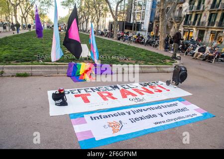 Barcelona, Spanien. März 2021. Transgender-Flaggen und Banner sind während der Demonstration zu sehen. Am Internationalen Transgender-Tag der Sichtbarkeit waren Gruppen und Kollektive des Transgender-Kampfes auf den Straßen von Barcelona, um die Transrechte zu bestätigen und gegen Transphobie und Diskriminierung zu protestieren. (Foto von Thiago Prudencio/SOPA Images/Sipa USA) Quelle: SIPA USA/Alamy Live News Stockfoto