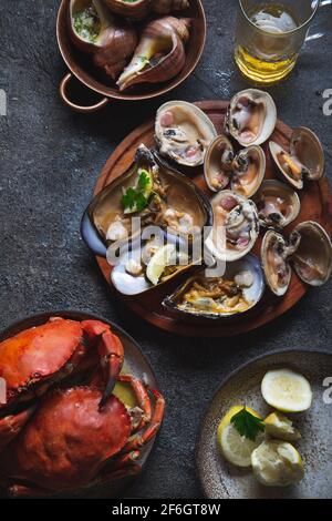 Frische Meeresfrüchte Muscheln, Muscheln, Krabben und Schnecken auf grauem Hintergrund Stockfoto