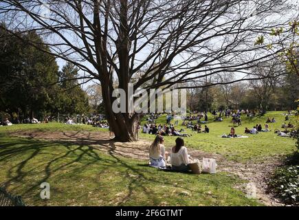 Paris, Frankreich. März 2021. Im Monceau Park in Paris, Frankreich, am 31. März 2021, picknicken Menschen und genießen die Sonne. Um die Ausbreitung des Coronavirus zu verlangsamen und den Weg für eine allmähliche Rückkehr zur Normalität bis Mitte Mai zu ebnen, werden die Schulen in Frankreich für drei Wochen geschlossen und die in vielen Regionen bereits in Kraft getretenen Einschränkungen der Volksbewegung auf das gesamte Gebiet ausgeweitet. Präsident Emmanuel Macron kündigte am Mittwochabend an. Kredit: Gao Jing/Xinhua/Alamy Live Nachrichten Stockfoto