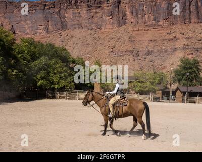 Eine Cowgirl-Wranglerin, die auf einem Corral auf einer Ranch in der Nähe von Moab, Utah, auf ihrem Pferd reitet. Sie trägt Lederbeine, um ihre Beine vor dornigen Bürsten auf dem Rang zu schützen Stockfoto