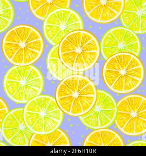 Nahtloses Muster mit aquarellfarbenen Vintage-Zitronenscheiben und Blasen. Stockfoto