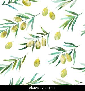 Nahtloses Muster mit Olivenzweigen und Oliven. Aquarell Handzeichnung Stockfoto