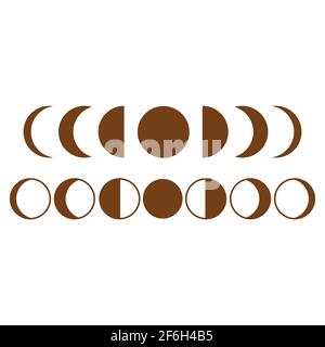 Mondphasen-Symbol nächtliche Weltraumastronomie und Natur Mondphasen Kugelschatten. Der ganze Zyklus vom Neumond bis zum Vollmond Stock Vektor