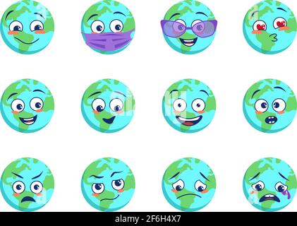 Planeten-Symbole der Erde mit verschiedenen Emotionen, medizinischer Maske und Brille. Welttag Der Erde Stock Vektor