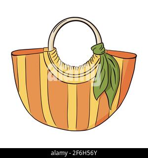 Handgezeichnete Strandtasche mit Streifen und grünem Nackentuch-Symbol. Frauen orange und gelb Geldbörse isoliert Vektor-Illustration. Flache, farbenfrohe Sommertasche für Damen Stock Vektor