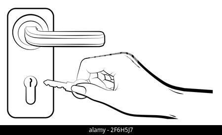 Türknauf in schwarz-weißem Stil. Frau Hand öffnet oder schließt Türschloss mit Schlüssel. Vektor Stock Vektor