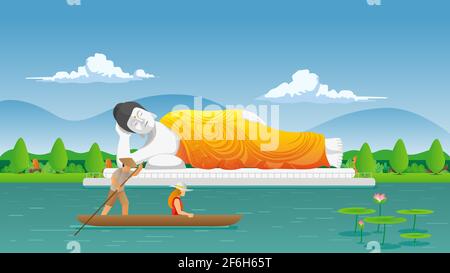 Schlafende buddha-Statue mit touristischem Reiten traditionelle Boot Vektor-Illustration Stock Vektor