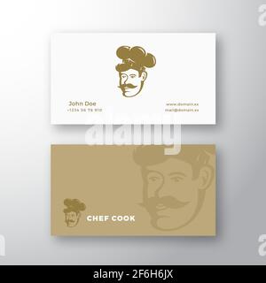 Abstraktes Vektorlogo und Visitenkartenvorlage des Küchenchefs. Retro-Emblem. Gesicht in einem Hut mit Schnurrbart kochen. Premium Stationär Realistisch Mock Up Stock Vektor