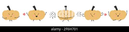 Orange niedlichen Kürbis Set. Lustige kindliche Charakter. Gesundes Gemüseset. Vektorgrafik Stock Vektor