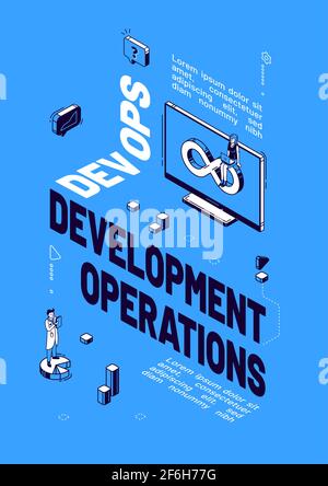 DevOps-Poster. Konzept der Entwicklungsoperationen, Kommunikation von Programmierern und Ingenieuren. Vektor-Banner der Projektintegration mit isometrischen Menschen und Computer-Monitor mit Unendlichkeitszeichen Stock Vektor