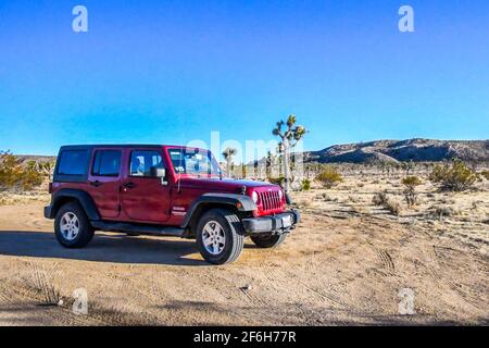 Joshua Tree NP, CA, USA - 21. Januar 2020: Ein Jeep Wrangler Unlimited Sports parkte entlang der Preserve Park Stockfoto