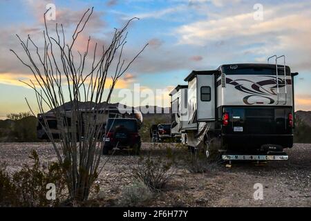 Joshua Tree NP, CA, USA - 21. Januar 2020: Genießen Sie die fesselnde Aussicht von unserem Wohnmobil Stockfoto