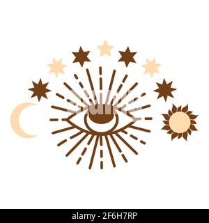 Das böse Auge ist pastellfarben über ihm die Sonne, der Mond und die Sterne. Magie, Hexerei, okkultes Symbol. Hamsa Auge, Karma, magisches Auge, dekoratives Element. Bro Stock Vektor