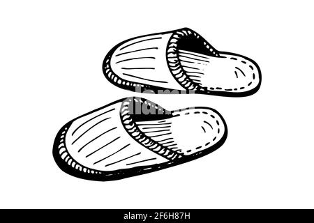 Schlafender Slipper Paar handgezeichnete Skizze. Startseite bequeme Schuhe Paar schwarz und weiß Doodle. Pantoffeln Vektor isoliert eps Abbildung Stock Vektor