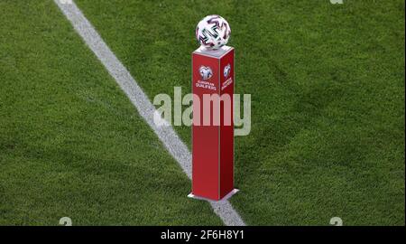 Duisburg, Deutschland. 31. März 2021. firo: 31.03.2021 Fußball, Fußball: Landerspiel, Nationalmannschaft, WM-Qualifikation, WM-Qualifikation 2022, Deutschland, GER - Nord-Mazedonien 1: 2 Ball auf Ballstehle Quelle: dpa/Alamy Live News Stockfoto