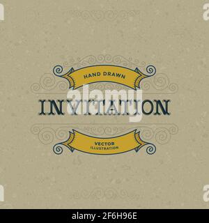 Einladung im Vintage-Stil. Umreißen Sie die kaligrtaphische Grußkarte. Gerollte Blumenrahmen Ornament. Kalligrafische Design-Elemente Illustrationen. Teil von Stock Vektor
