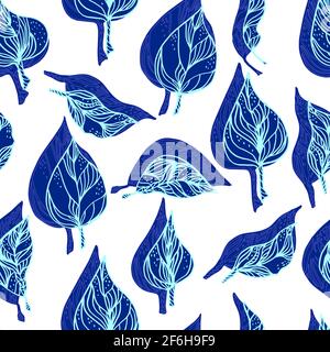 Blätter mit Ornamenten und Streifen.Vektor nahtlose Muster Kontur Blätter mit Ein Kontrastschatten Stockfoto